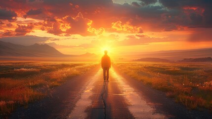 A man walks down a road at sunset - obrazy, fototapety, plakaty