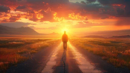 Muurstickers A man walks down a road at sunset © AdriFerrer