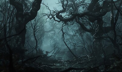 Craft a haunting forest landscape view at eye level with a grunge effect using digital rendering techniques Showcase twisted branches, decaying leaves, and misty atmosphere to convey a dark, mysteriou - obrazy, fototapety, plakaty