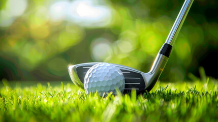 Close up of golf ball on tee and driver stick in grassy field - Powered by Adobe