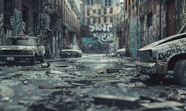 Craft a grunge style image with a tilted angle view of a deserted city street filled with graffiti-covered buildings and abandoned cars Capture the raw essence of urban decay in a bold and gritty comp