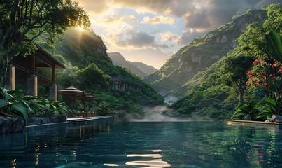 Craft a photorealistic 3D rendering of a panoramic pool oasis nestled in a lush mountain setting Emphasize the play of light and shadows on the waters surface, intricate details of the surrounding lan - obrazy, fototapety, plakaty