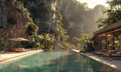 Craft a photorealistic 3D rendering of a panoramic pool oasis nestled in a lush mountain setting Emphasize the play of light and shadows on the waters surface, intricate details of the surrounding lan