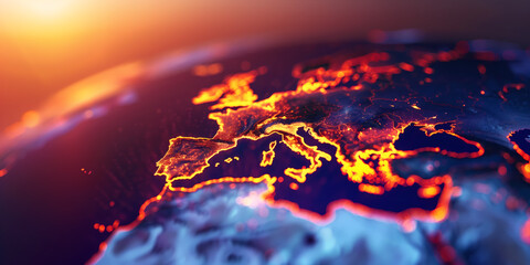 Planet Earth burning under the extreme heat of the sun, conceptual illustration of global warming, temperature increase disaster in Europe, over heating of the world in climate change - 784675130