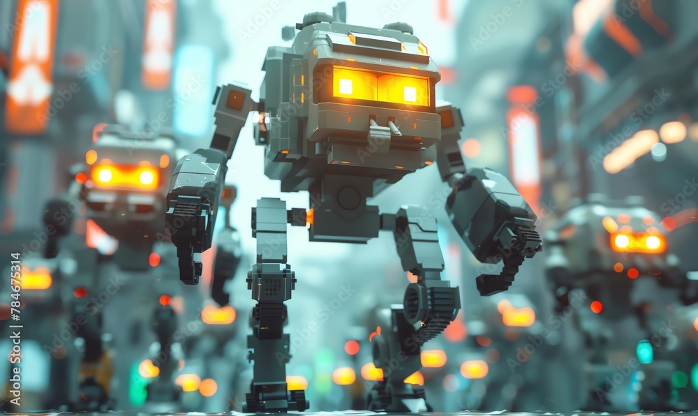 Poster craft a pixel art masterpiece featuring dynamic, retro-inspired futuristic robots in a low-angle set