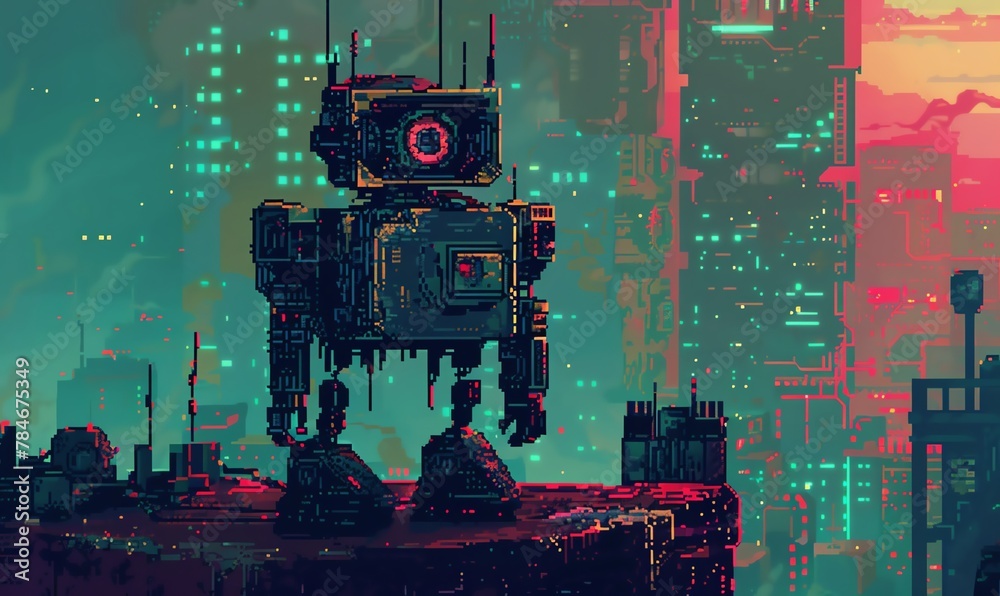 Poster craft a pixel art masterpiece featuring dynamic, retro-inspired futuristic robots in a low-angle set