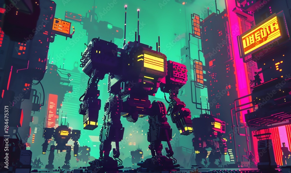 Poster craft a pixel art masterpiece featuring dynamic, retro-inspired futuristic robots in a low-angle set