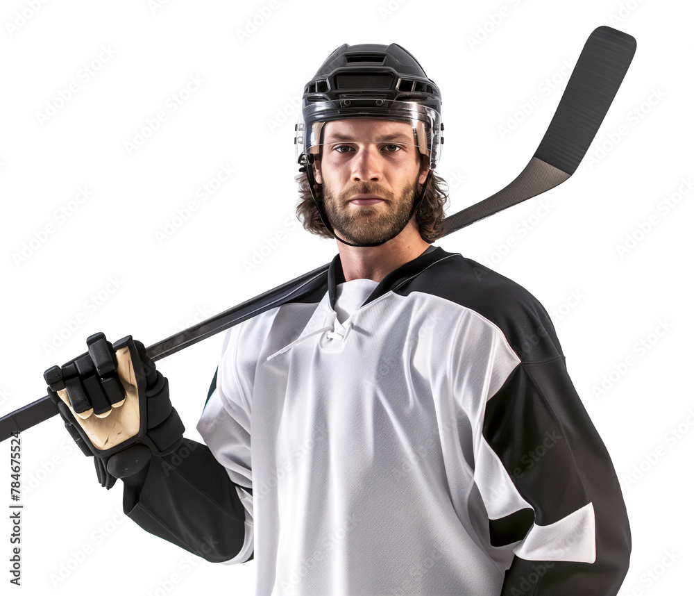 Wall mural Ice hockey player holding a stick over his shoulder, isolated background