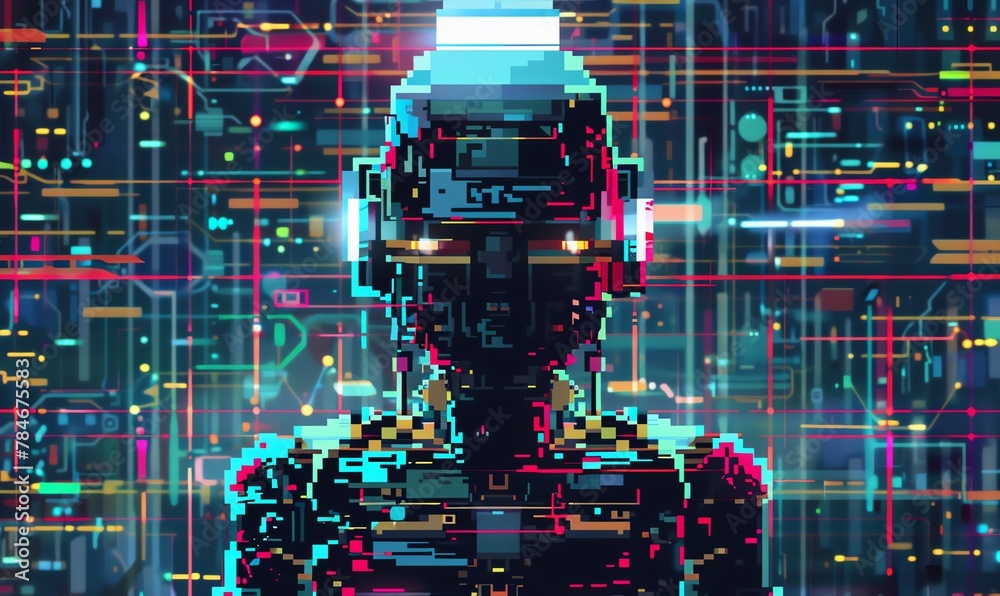 Fototapete craft a pixel art representation of a pixelated robot from the rear view, utilizing vibrant colors a