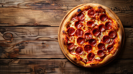 a pepperoni pizza, vibrant reds of the pepperoni, cheese melted to perfection, centered on a rustic wooden table. Ample copy space around, Generative AI