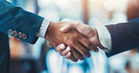 Businessmen making handshake with partner.Business dudes fist-bumping their partner, saying hi, sealing the deal, joining forces, and collaborating. Wide banner, plenty of space for business, finance, - obrazy, fototapety, plakaty