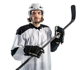 portrait of a pro male Ice hockey player in full gear holding a hockey stick