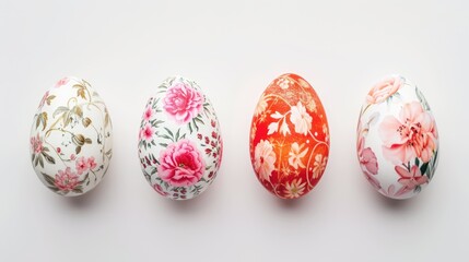 Colorful Easter eggs, each uniquely painted, pop against a simple white background, exuding festive...