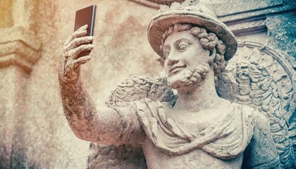 Antique stone statue taking selfie on phone , concept of Vintage art