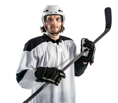portrait of a pro male Ice hockey player in full gear holding a hockey stick
