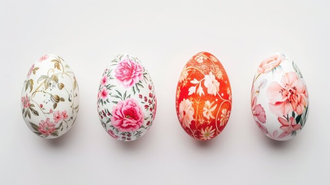 Colorful Easter eggs, each uniquely painted, pop against a simple white background, exuding festive charm.