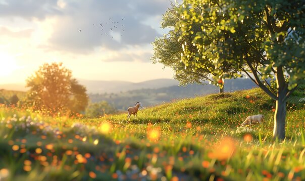 Craft a three-dimensional CG rendering of a wide-angle view featuring a cute goat grazing on a picturesque hill Focus on realism in texture and lighting to evoke a sense of serenity and joy