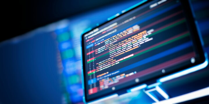 Work from home. Programmer coding code on notebook screen at home.