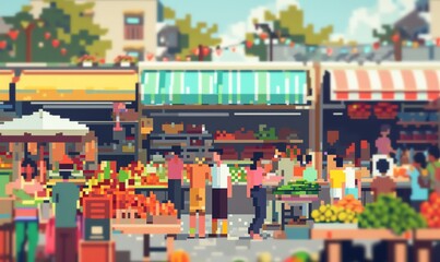 Craft a whimsical pixel art composition of a vibrant farmers market from a rear view perspective, showcasing bustling crowds and colorful stalls