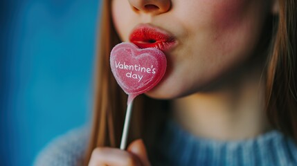 Close up of young woman licking heart shaped lollipop on blue background. - obrazy, fototapety, plakaty