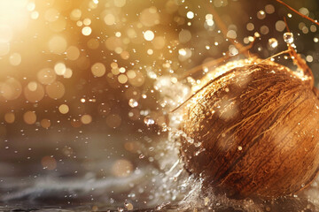 A close-up image of a coconut falling through the air, water droplets suspended around it