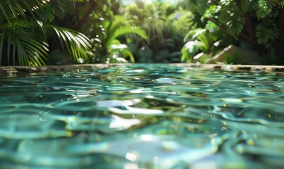 Create a mesmerizing digital rendering of a swimming pool from a worms-eye view perspective, capturing the crystal-clear water surface, glistening under the sun, and surrounded by lush greenery Use ph
