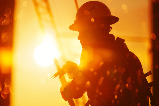 An abstract image of a construction worker silhouette against the setting sun.