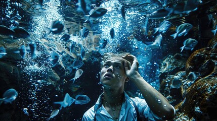 A man is looking at a fish tank with many fish in it