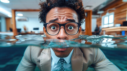 A man in a suit is in a pool of water and is looking at the camera
