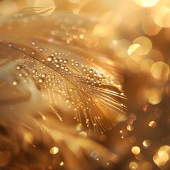 Golden Droplets: Ethereal Dew on Fluffy Feathers with Sparkling Bokeh