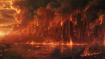 Fiery apocalypse over a modern cityscape - A dystopian future illustrated with a fiery sky engulfing skyscrapers, evoking an end-of-world scenario - obrazy, fototapety, plakaty