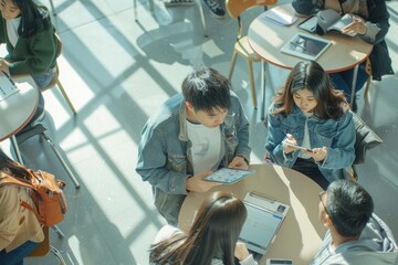 Diverse College Students Collaborating on Project in Bright Library Setting
