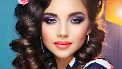 Beauty hairstyle and makeup glamour model. Vibrant colorful makeup.