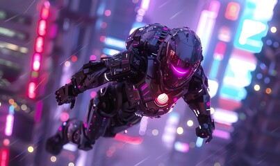 Depict a sleek, metallic robot emerging from a vibrant, neon-lit cityscape, showcasing a blend of photorealistic details and futuristic elements with pixel art