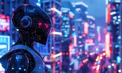 Fototapeta na wymiar Depict a sleek, metallic robot emerging from a vibrant, neon-lit cityscape, showcasing a blend of photorealistic details and futuristic elements with pixel art