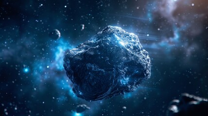 Majestic Asteroid Floating in Deep Space - A hyper-realistic space scene with a lonely asteroid floating amidst the shimmering stars and cosmic dust clouds - obrazy, fototapety, plakaty