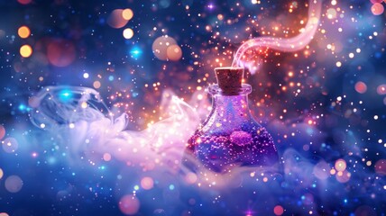 Mystical potion bottle emitting sparkling smoke - A spellbinding potion bottle emitting sparkling, smokey vapor in a beautiful fantasy setting