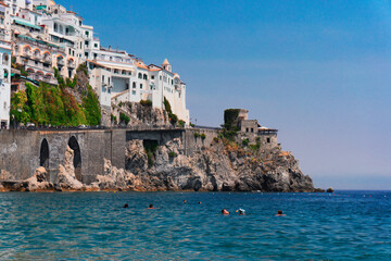 Amalfi town and Tyrrhenian sea blue waters at summer, Italy