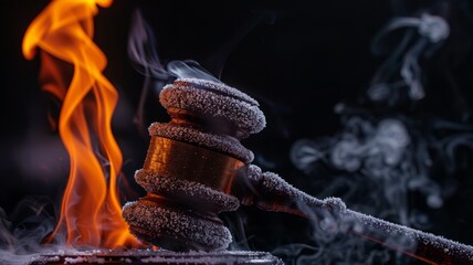 Fiery gavel with frost on dark background - A striking contrast of a frost-covered gavel engulfed in flames, symbolizing intense legal battles - obrazy, fototapety, plakaty