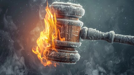 Icy gavel ablaze amidst smoke and fire - A thought-provoking image depicting a frozen gavel caught in a fiery blaze, representing the clash of justice - obrazy, fototapety, plakaty