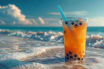Mango Boba bubble tea drink on the beach. Generative AI.