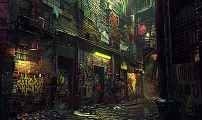 Design a grunge style artwork featuring a tilted angle view of a weathered, graffiti-adorned alleyway populated by shadowy figures and flickering neon lights Implement a mix of digital rendering techn