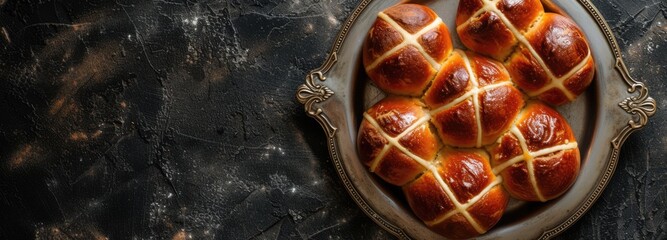 Easter. Good Friday. Freshly baked buns on a linen napkin. Selective focus. - obrazy, fototapety, plakaty