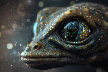 A close up of a lizard with a glowing eye - obrazy, fototapety, plakaty