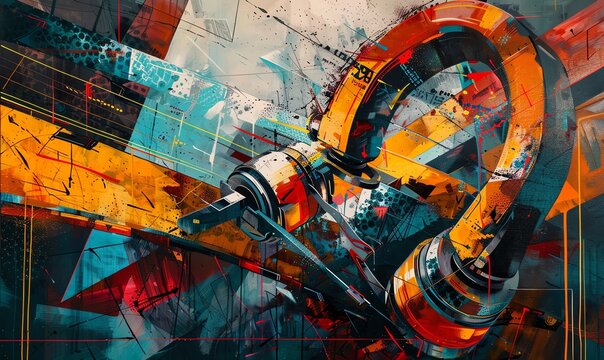 Emphasize the fluidity and precision of robotic arms in a dynamic acrylic painting Show the contrast between the sleek metal and the industrial environment with vivid colors