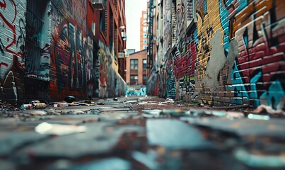 Illustrate a city alleyway scene at eye level with a grunge effect in traditional art medium Focus on portraying graffiti-covered walls, cracked pavement, and scattered debris to evoke a sense of urba - obrazy, fototapety, plakaty