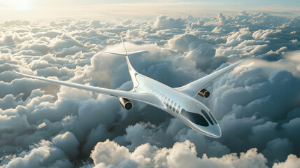 A futuristic hydrogen powered airplane flying above the clouds representing the next generation of sustainable air travel - obrazy, fototapety, plakaty