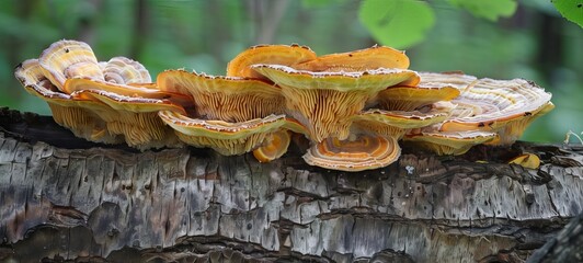 A group of wild mushrooms growing on a log in a wet forest