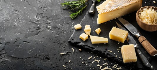 A set of hard cheeses with cheese knives on a black stone background. Parmesan. View from above. place for text. generative ai - obrazy, fototapety, plakaty