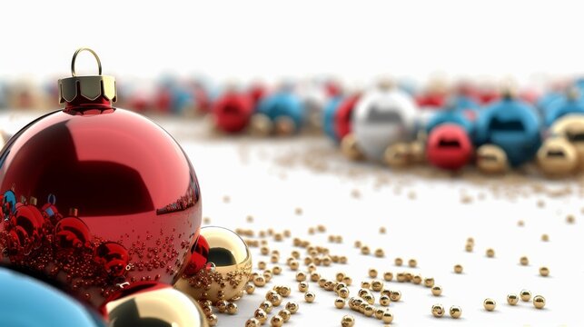 Christmas Baubles on Solid tone Surface. A panoramic image showcasing shiny baubles in vibrant colored tones reflecting a wintry setting placed on a solid surface, creating a cozy holiday scene